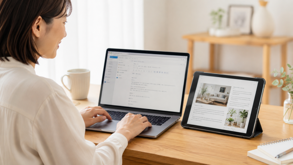 左にMacBook（ノートパソコン）、道にiPad。